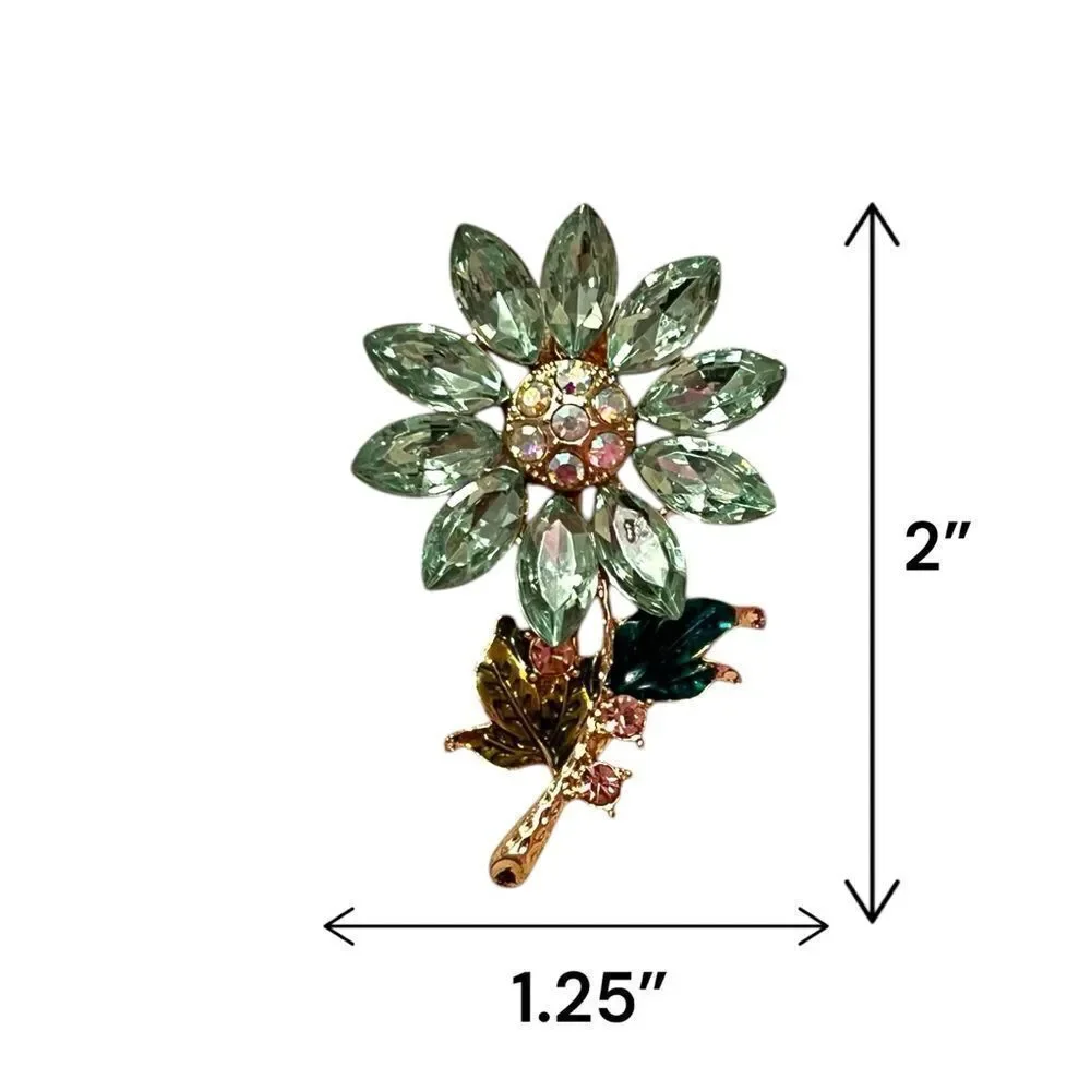 Rhinestone Green Sunflower Gold Tone Brooch